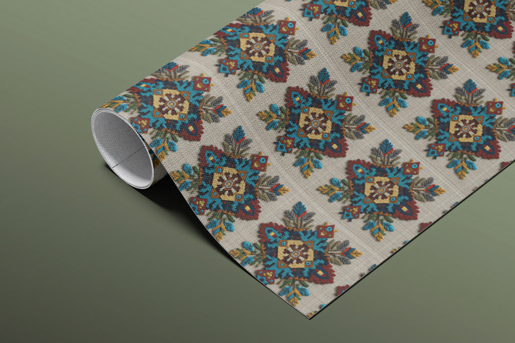 Traditional Floral Motif Border Mural Wallpaper | Repeating Print, Light Canvas Background, Textile Embroidery Look