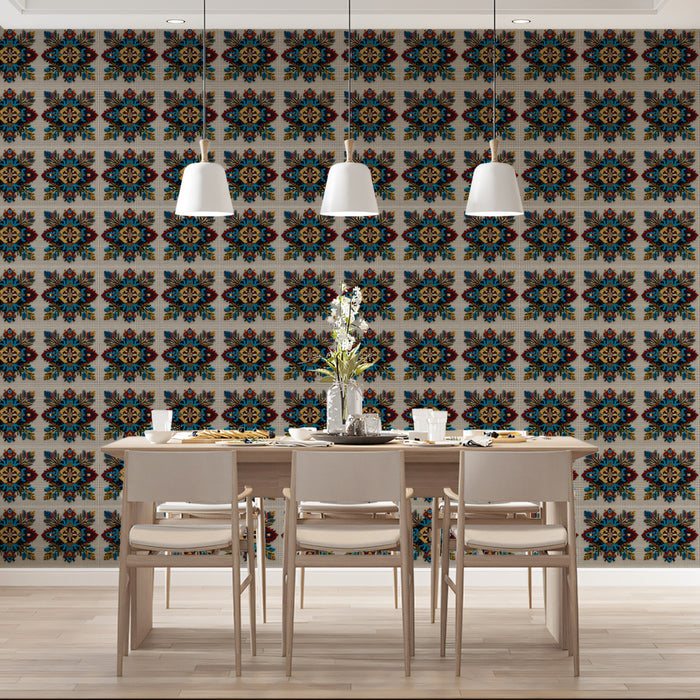Traditional Floral Motif Border Mural Wallpaper | Repeating Print, Light Canvas Background, Textile Embroidery Look