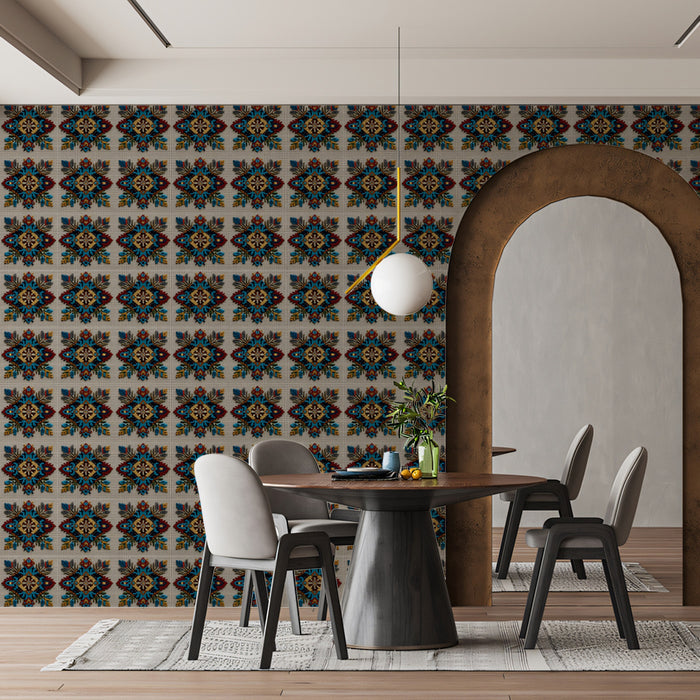 Traditional Floral Motif Border Mural Wallpaper | Repeating Print, Light Canvas Background, Textile Embroidery Look