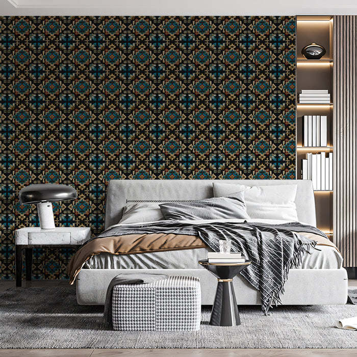 Intricate Diamond and Cross Repeat Mural Wallpaper | Repeating Print, Dark Jewel Tones, Traditional Tapestry Texture