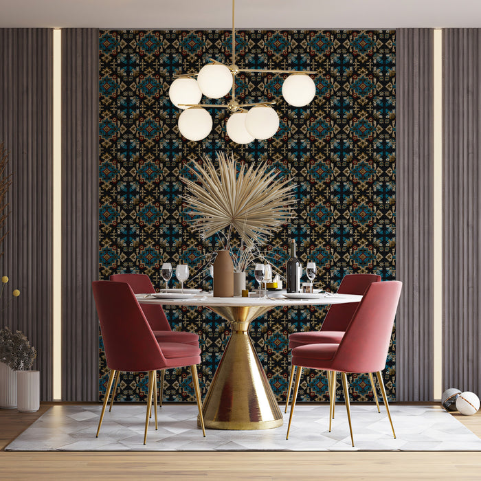 Intricate Diamond and Cross Repeat Mural Wallpaper | Repeating Print, Dark Jewel Tones, Traditional Tapestry Texture