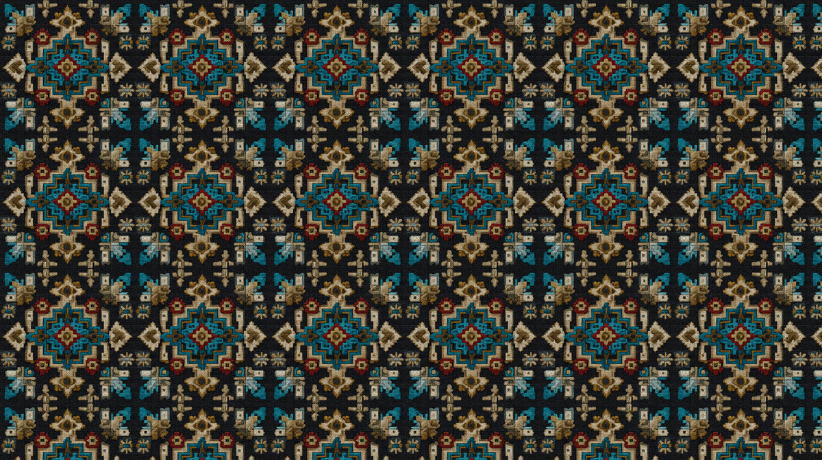 Large Scale Ethnic Motif Mural Wallpaper | Repeating Print, Dark Background, Teal, Gold, and Red Contrast