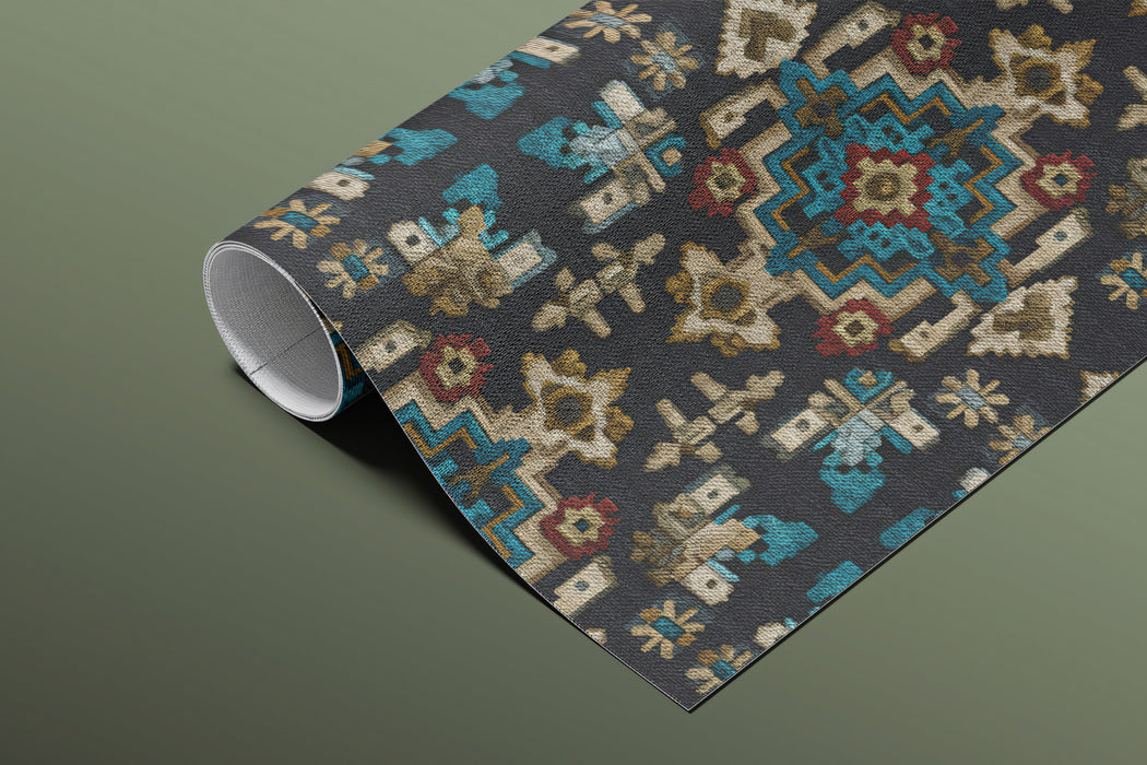 Large Scale Ethnic Motif Mural Wallpaper | Repeating Print, Dark Background, Teal, Gold, and Red Contrast