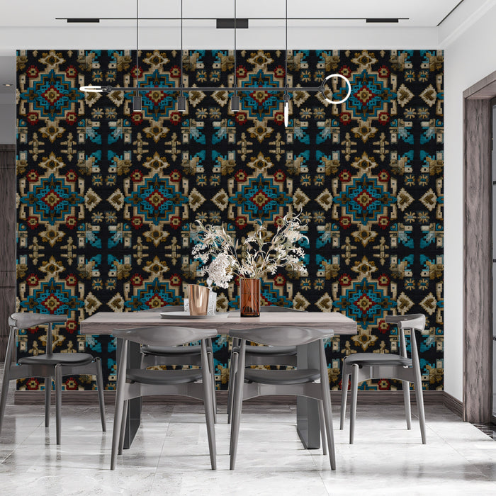 Large Scale Ethnic Motif Mural Wallpaper | Repeating Print, Dark Background, Teal, Gold, and Red Contrast
