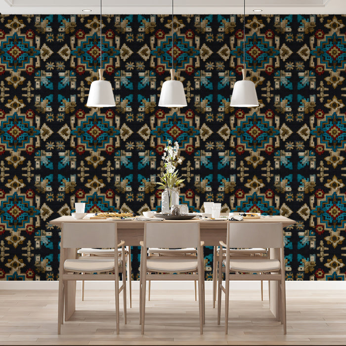 Large Scale Ethnic Motif Mural Wallpaper | Repeating Print, Dark Background, Teal, Gold, and Red Contrast