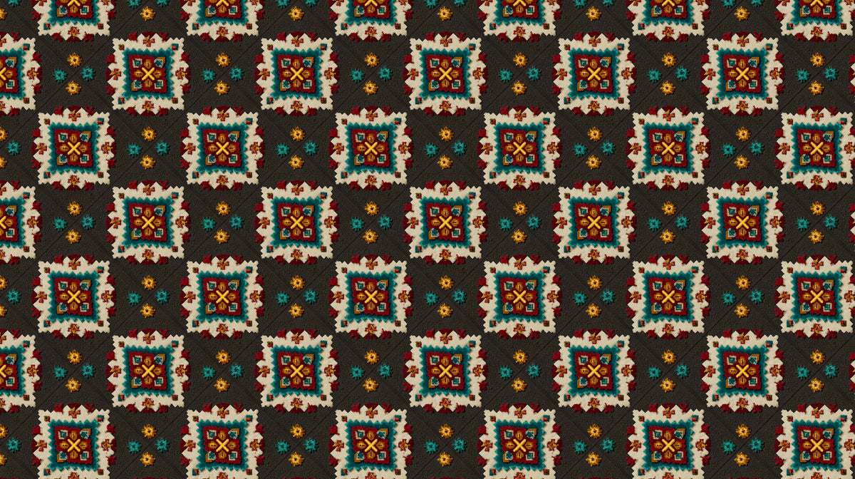Folk Art Square Motif Mural Wallpaper | Repeating Print, Dark Gray Background, White and Teal Contrast