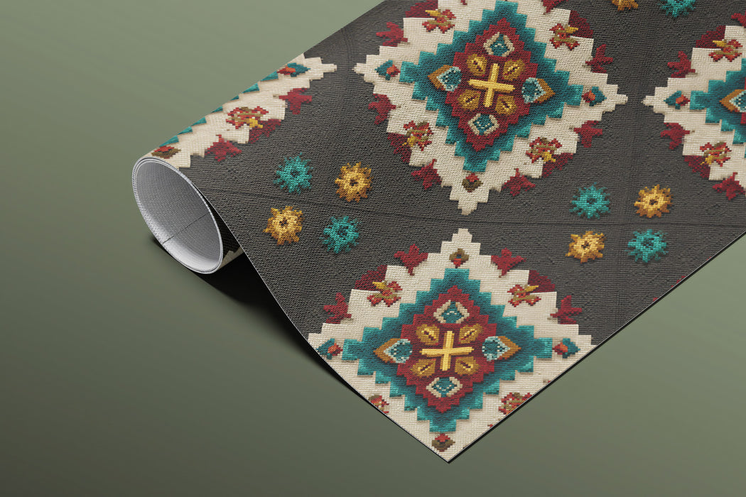 Folk Art Square Motif Mural Wallpaper | Repeating Print, Dark Gray Background, White and Teal Contrast