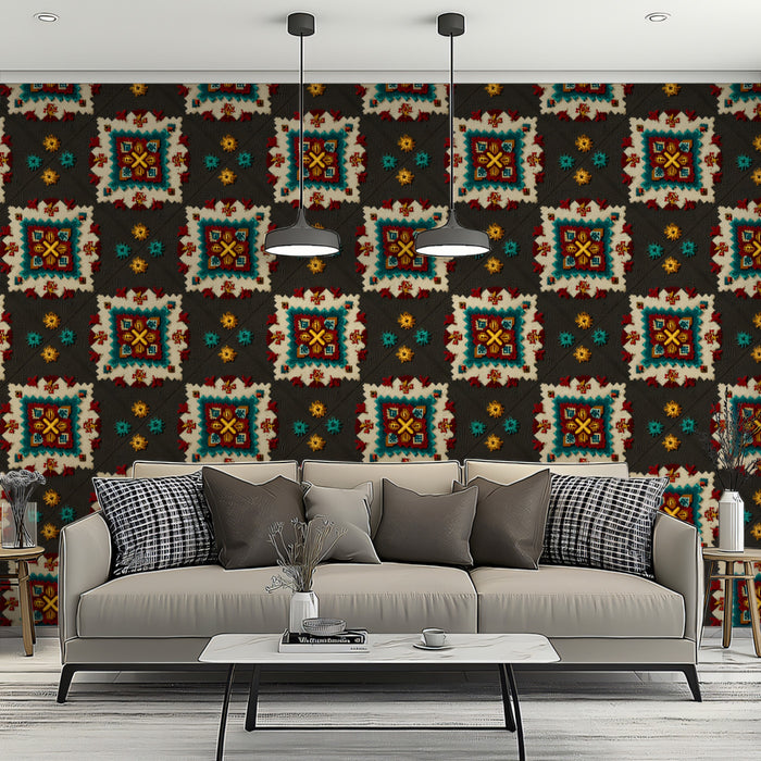 Folk Art Square Motif Mural Wallpaper | Repeating Print, Dark Gray Background, White and Teal Contrast