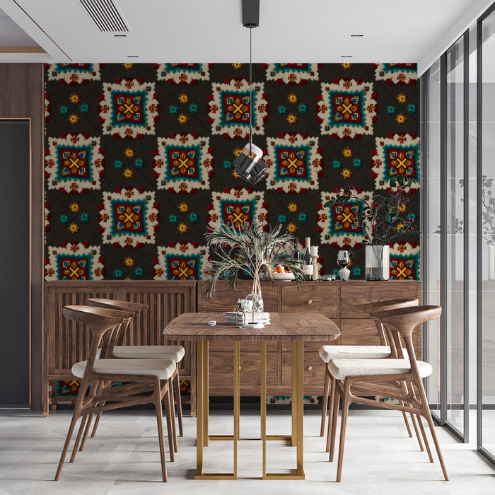 Folk Art Square Motif Mural Wallpaper | Repeating Print, Dark Gray Background, White and Teal Contrast