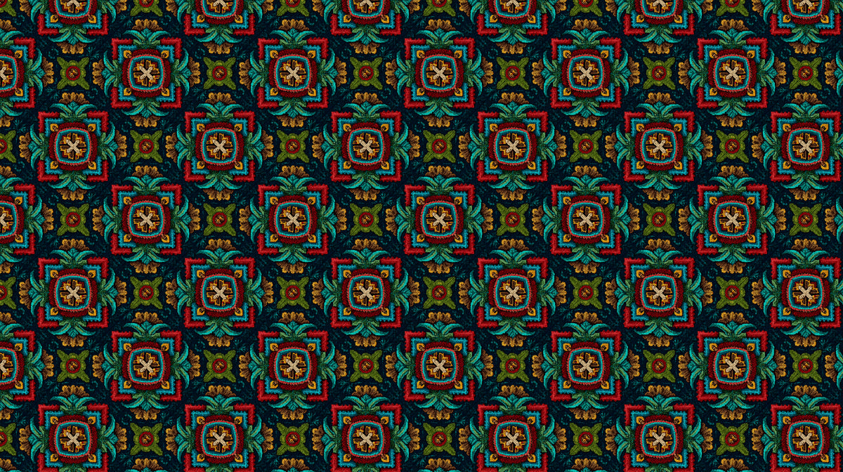 Embroidered Floral Square Mural Wallpaper | Repeating Print, Dark Background, Rich Jewel Tone Texture