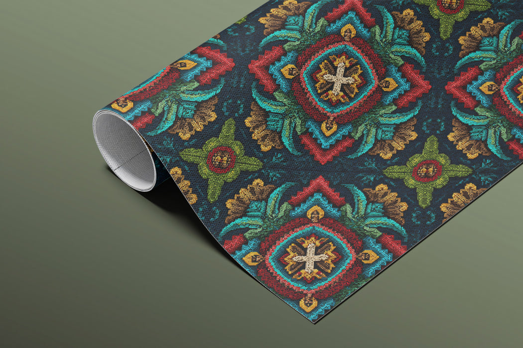 Embroidered Floral Square Mural Wallpaper | Repeating Print, Dark Background, Rich Jewel Tone Texture