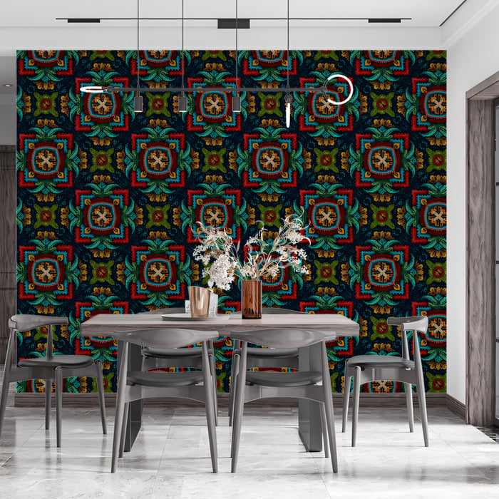 Embroidered Floral Square Mural Wallpaper | Repeating Print, Dark Background, Rich Jewel Tone Texture