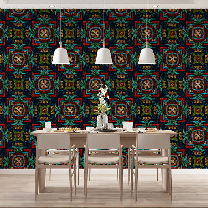 Embroidered Floral Square Mural Wallpaper | Repeating Print, Dark Background, Rich Jewel Tone Texture
