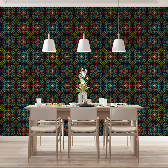 Micro Cross Floral Repeat Mural Wallpaper | Repeating Print, Dark Jewel Tones, Traditional Brocade Look