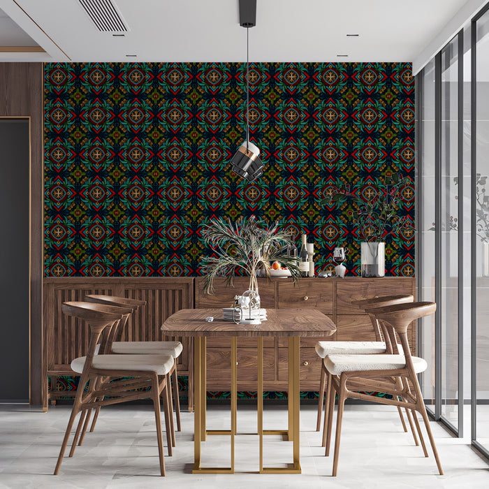 Micro Cross Floral Repeat Mural Wallpaper | Repeating Print, Dark Jewel Tones, Traditional Brocade Look