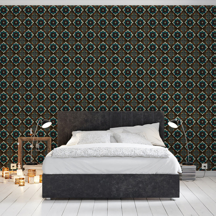 Micro Diamond Geometric Repeat Mural Wallpaper | Repeating Print, Dark Gray, Teal and Gold, Intricate Texture