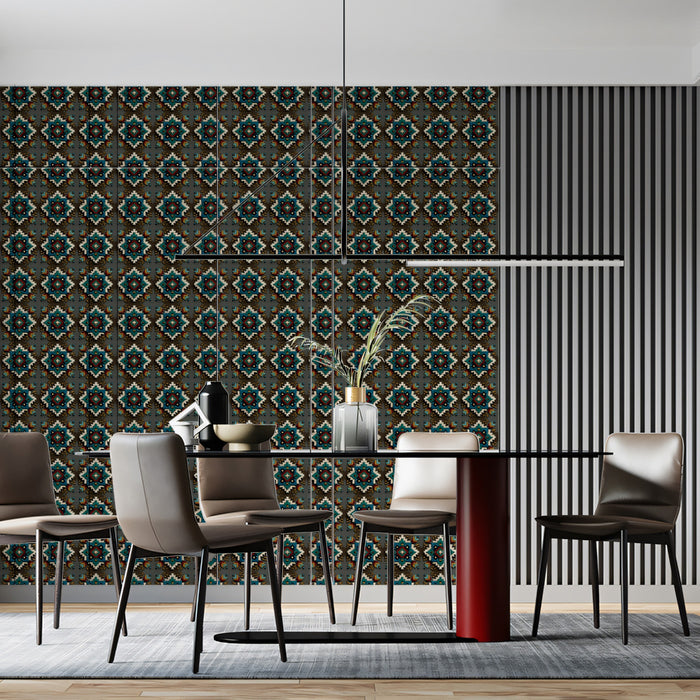 Micro Diamond Geometric Repeat Mural Wallpaper | Repeating Print, Dark Gray, Teal and Gold, Intricate Texture