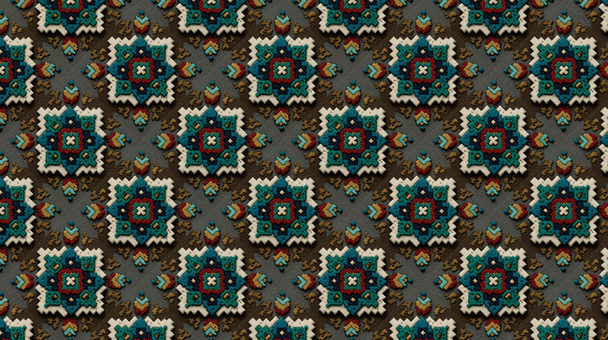 Textured Diamond Southwestern Motif Mural Wallpaper | Repeating Print, Teal, Red, and White, High-Relief Texture