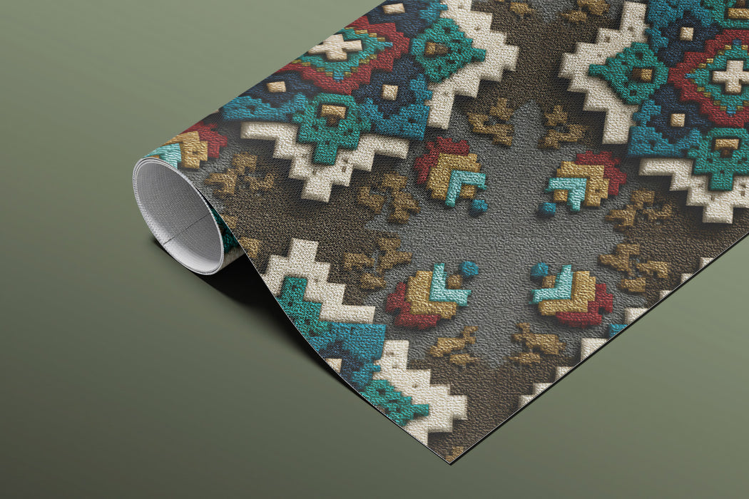 Textured Diamond Southwestern Motif Mural Wallpaper | Repeating Print, Teal, Red, and White, High-Relief Texture