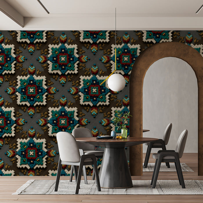 Textured Diamond Southwestern Motif Mural Wallpaper | Repeating Print, Teal, Red, and White, High-Relief Texture