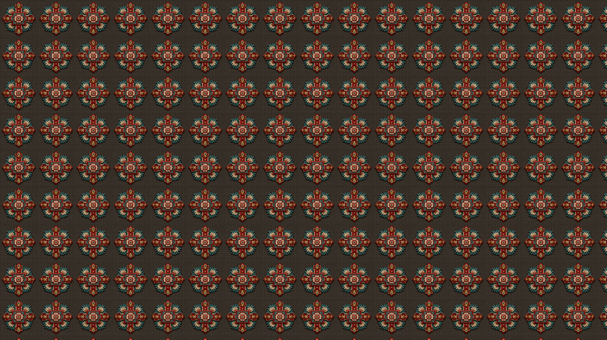 Traditional Floral Cross Repeat Mural Wallpaper | Repeating Print, Dark Brown, Rich Red and Teal Hues, Tapestry Texture