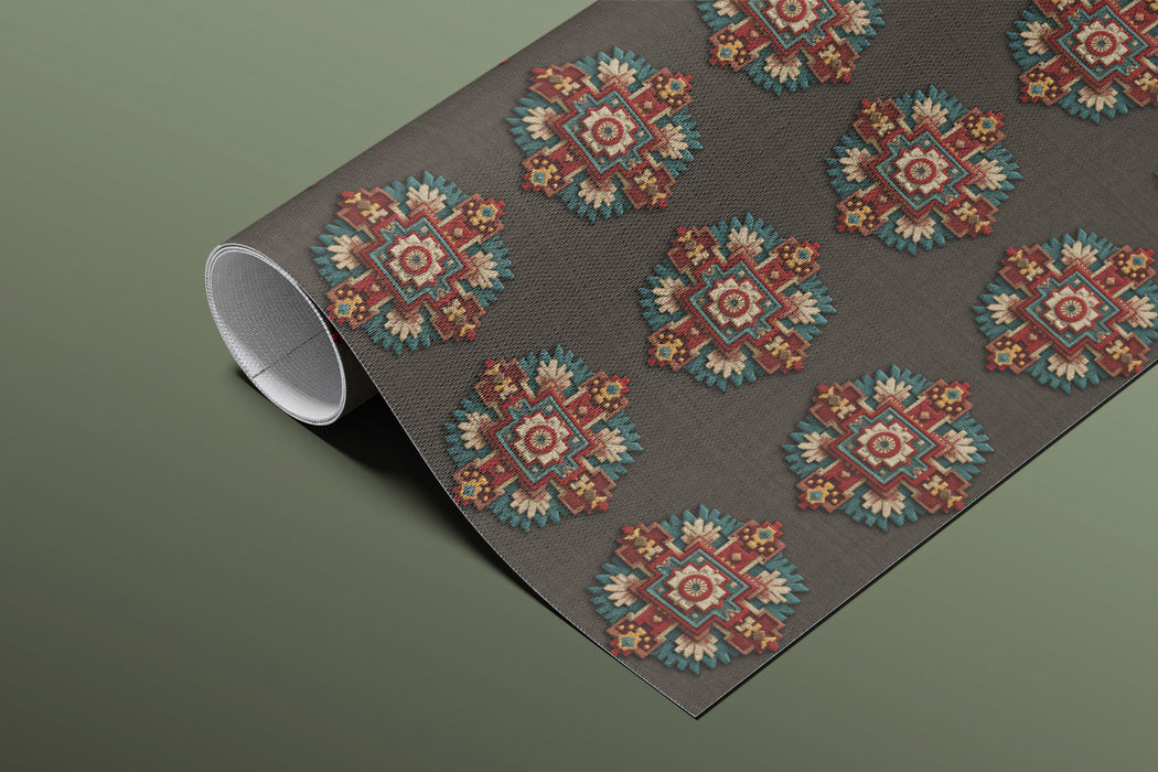 Traditional Floral Cross Repeat Mural Wallpaper | Repeating Print, Dark Brown, Rich Red and Teal Hues, Tapestry Texture