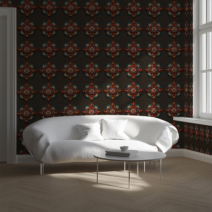 Traditional Floral Cross Repeat Mural Wallpaper | Repeating Print, Dark Brown, Rich Red and Teal Hues, Tapestry Texture