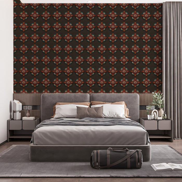 Traditional Floral Cross Repeat Mural Wallpaper | Repeating Print, Dark Brown, Rich Red and Teal Hues, Tapestry Texture