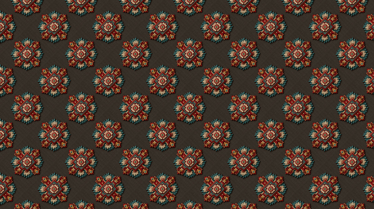 Symmetrical Floral Geometric Repeat Mural Wallpaper | Repeating Print, Dark Background, Rich Red and Teal Contrast