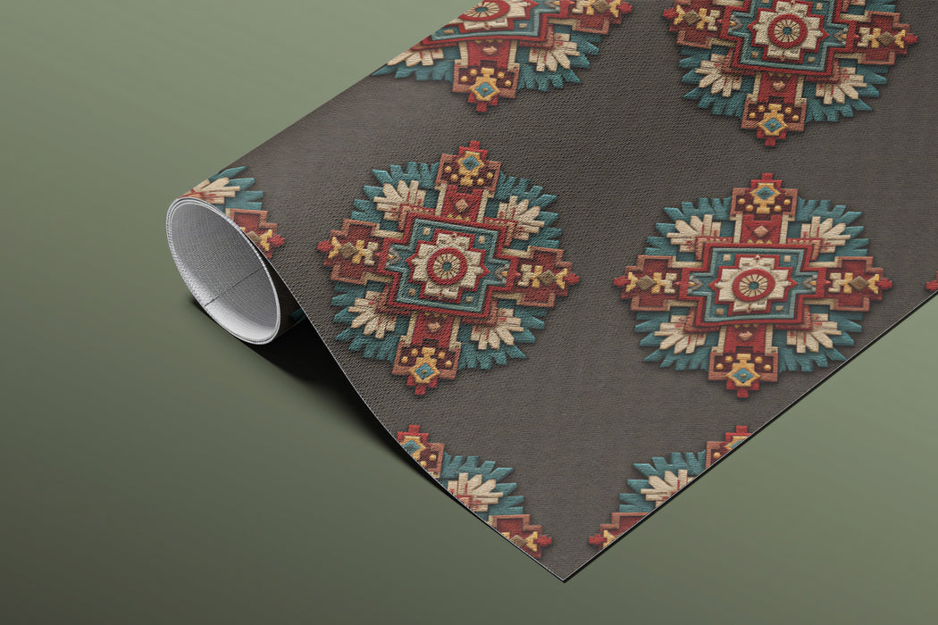 Symmetrical Floral Geometric Repeat Mural Wallpaper | Repeating Print, Dark Background, Rich Red and Teal Contrast