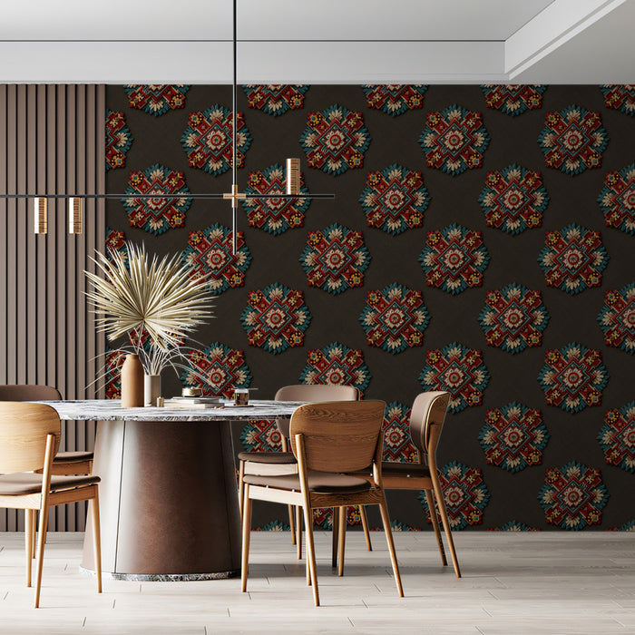 Symmetrical Floral Geometric Repeat Mural Wallpaper | Repeating Print, Dark Background, Rich Red and Teal Contrast
