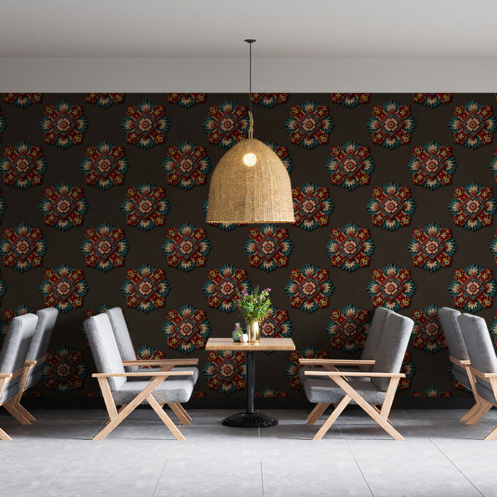 Symmetrical Floral Geometric Repeat Mural Wallpaper | Repeating Print, Dark Background, Rich Red and Teal Contrast