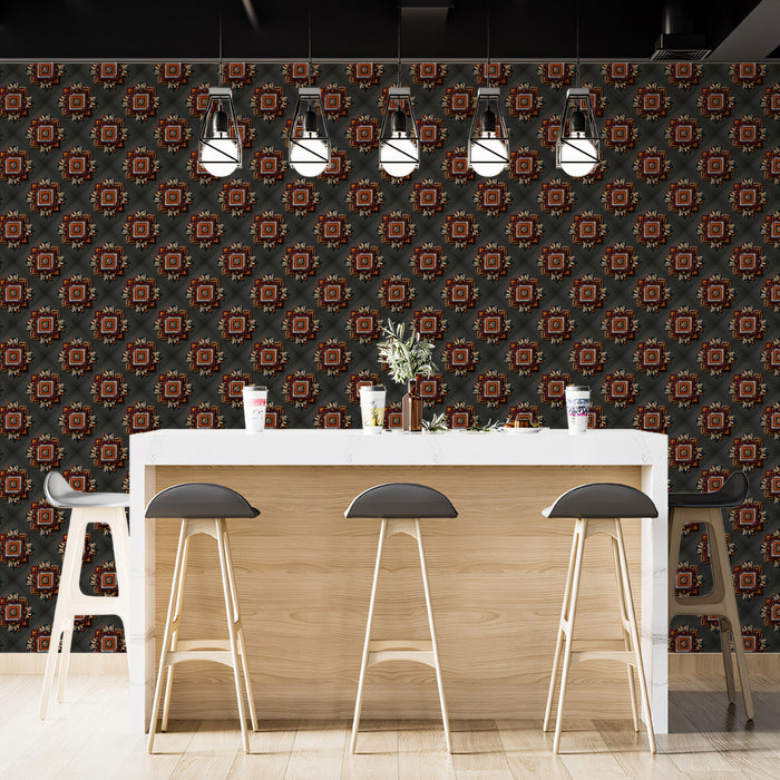 Micro Starburst Geometric Pattern Mural Wallpaper | Repeating Print, Dark Gray, Subtle Red and Gold Accents
