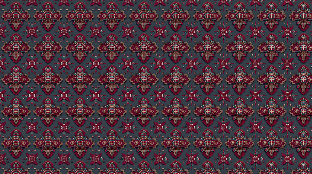 Traditional Ottoman Brocade Mural Wallpaper | Repeating Print, Deep Maroon and Gray, Ornate Motif Texture