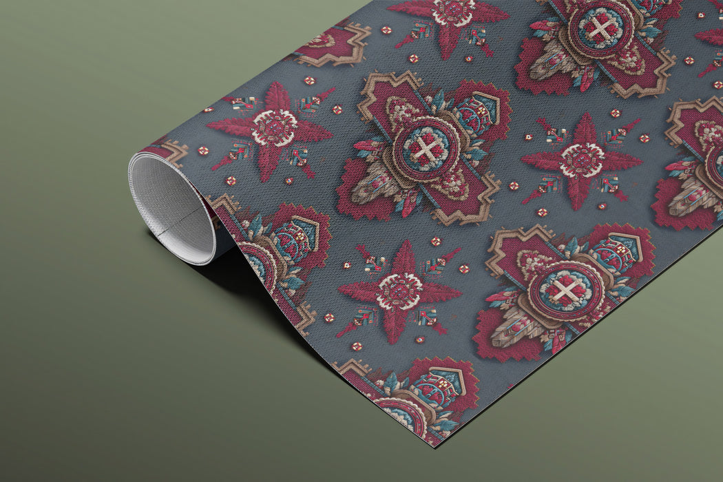 Traditional Ottoman Brocade Mural Wallpaper | Repeating Print, Deep Maroon and Gray, Ornate Motif Texture