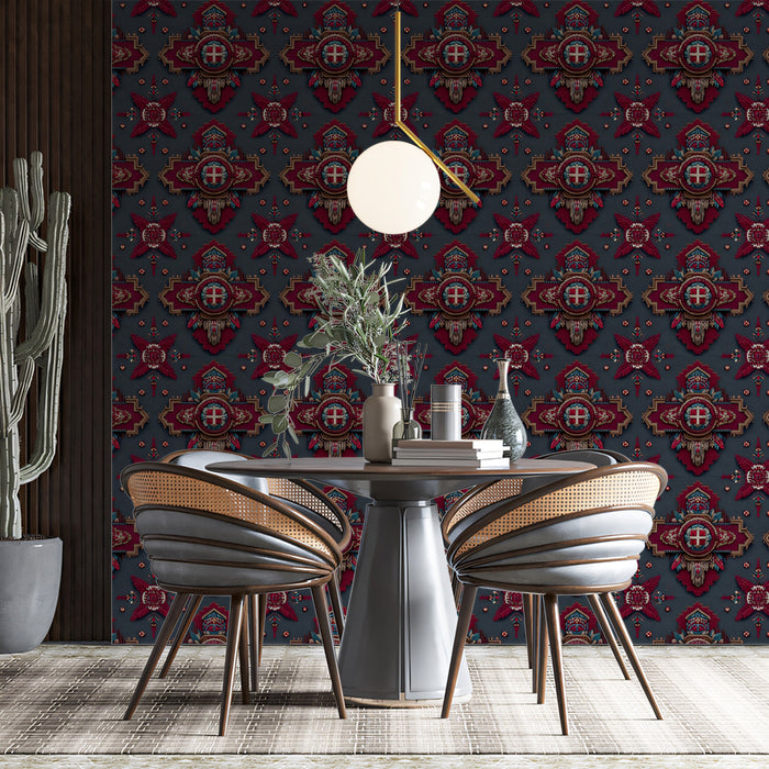 Traditional Ottoman Brocade Mural Wallpaper | Repeating Print, Deep Maroon and Gray, Ornate Motif Texture