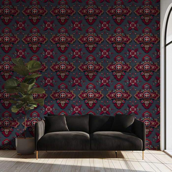 Traditional Ottoman Brocade Mural Wallpaper | Repeating Print, Deep Maroon and Gray, Ornate Motif Texture