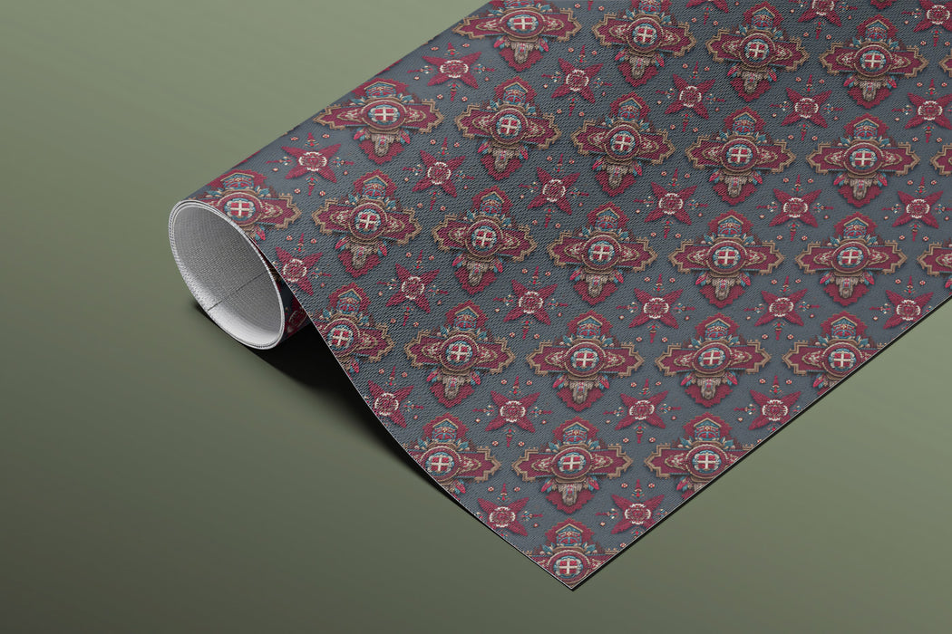 Dark Ruby Geometric Repeat Mural Wallpaper | Repeating Print, Small Scale Motif, Deep Red and Gray Tones