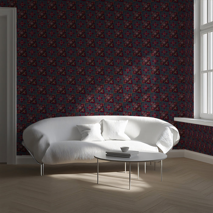 Dark Ruby Geometric Repeat Mural Wallpaper | Repeating Print, Small Scale Motif, Deep Red and Gray Tones