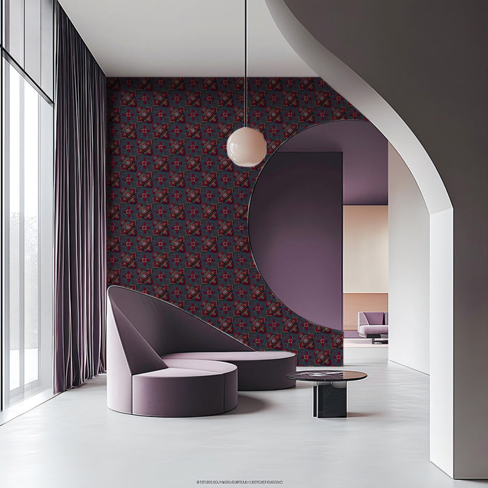 Dark Ruby Geometric Repeat Mural Wallpaper | Repeating Print, Small Scale Motif, Deep Red and Gray Tones