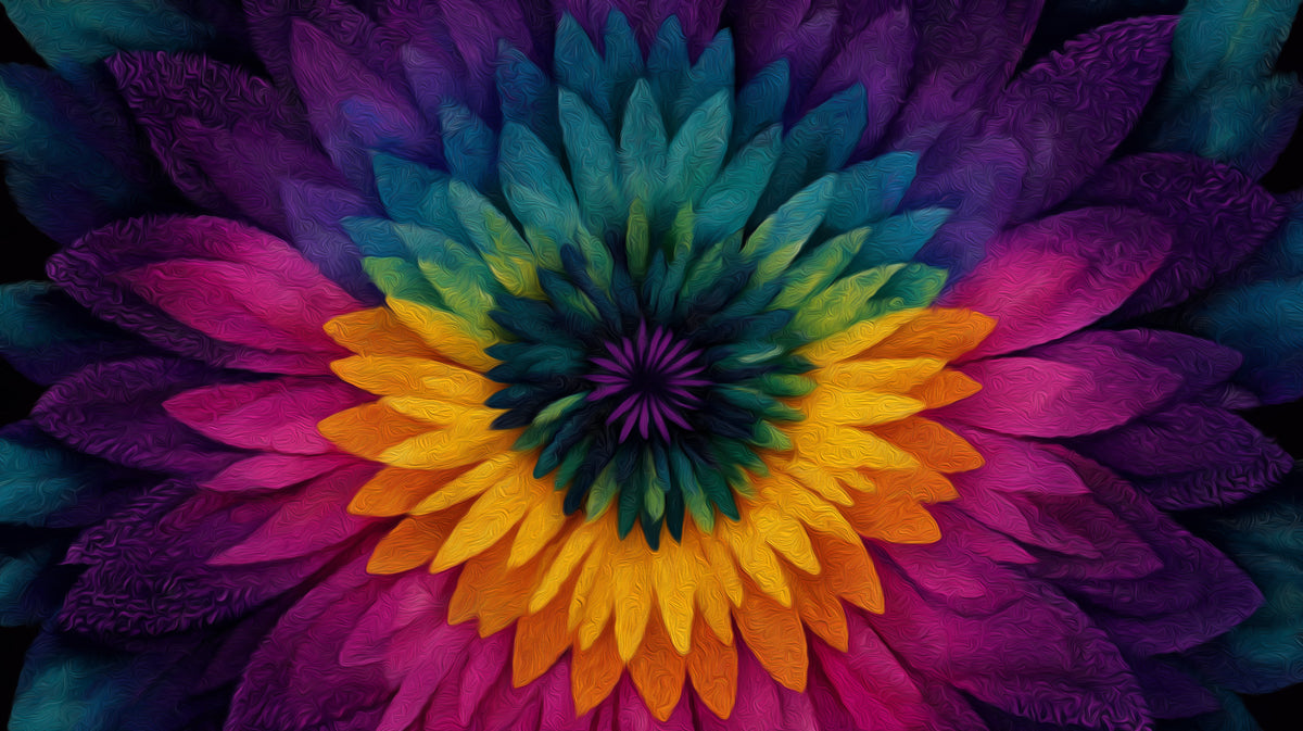 Psychedelic Floral Close-up Mural Wallpaper | High Texture, Neon Rainbow, Abstract Mandala Art