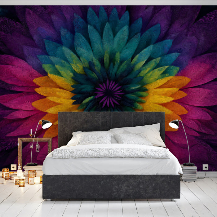 Psychedelic Floral Close-up Mural Wallpaper | High Texture, Neon Rainbow, Abstract Mandala Art