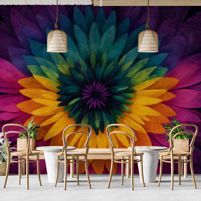 Psychedelic Floral Close-up Mural Wallpaper | High Texture, Neon Rainbow, Abstract Mandala Art