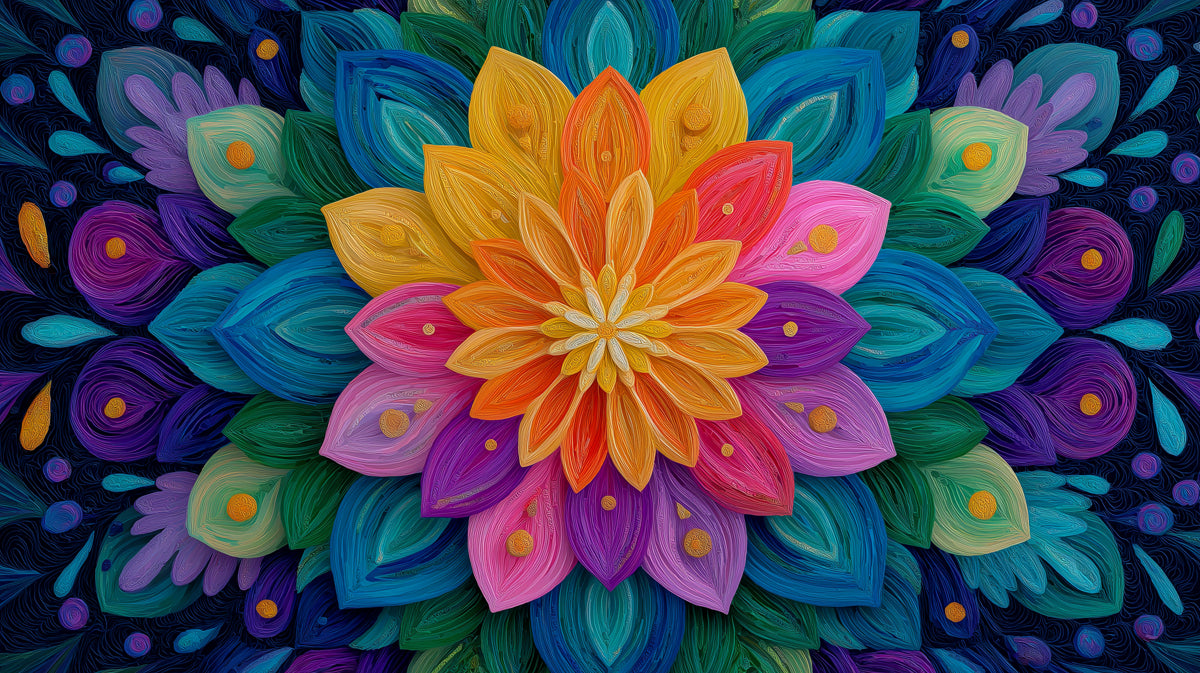 Colorful Abstract Mandala Mural Wallpaper | Layered Petals, Bright Multicolor, Textured Floral Art