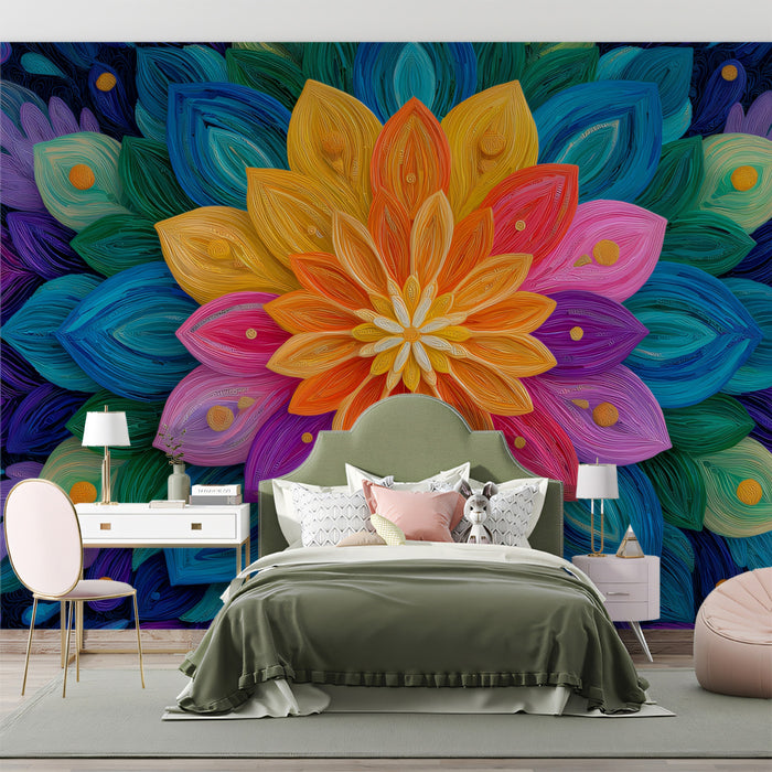 Colorful Abstract Mandala Mural Wallpaper | Layered Petals, Bright Multicolor, Textured Floral Art