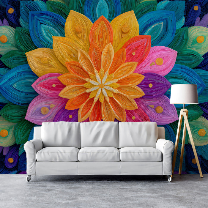 Colorful Abstract Mandala Mural Wallpaper | Layered Petals, Bright Multicolor, Textured Floral Art