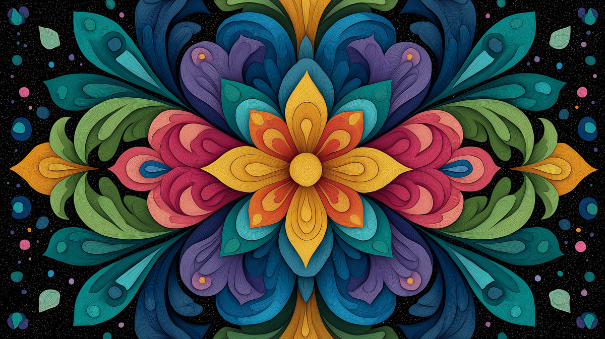 Symmetrical Floral Abstract Mural Wallpaper | Layered Color Blocks, Vibrant Rainbow Palette, Stylized Foliage