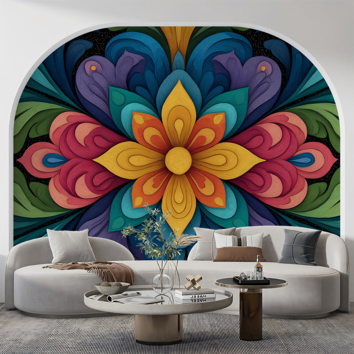Symmetrical Floral Abstract Mural Wallpaper | Layered Color Blocks, Vibrant Rainbow Palette, Stylized Foliage