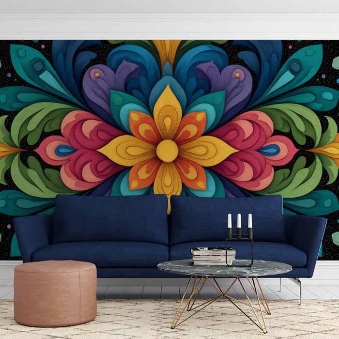 Symmetrical Floral Abstract Mural Wallpaper | Layered Color Blocks, Vibrant Rainbow Palette, Stylized Foliage