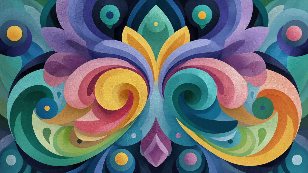 Symmetrical Abstract Floral Swirl Mural Wallpaper | Gradient Colors, Bold Pop Art, Fluid Curvilinear Design